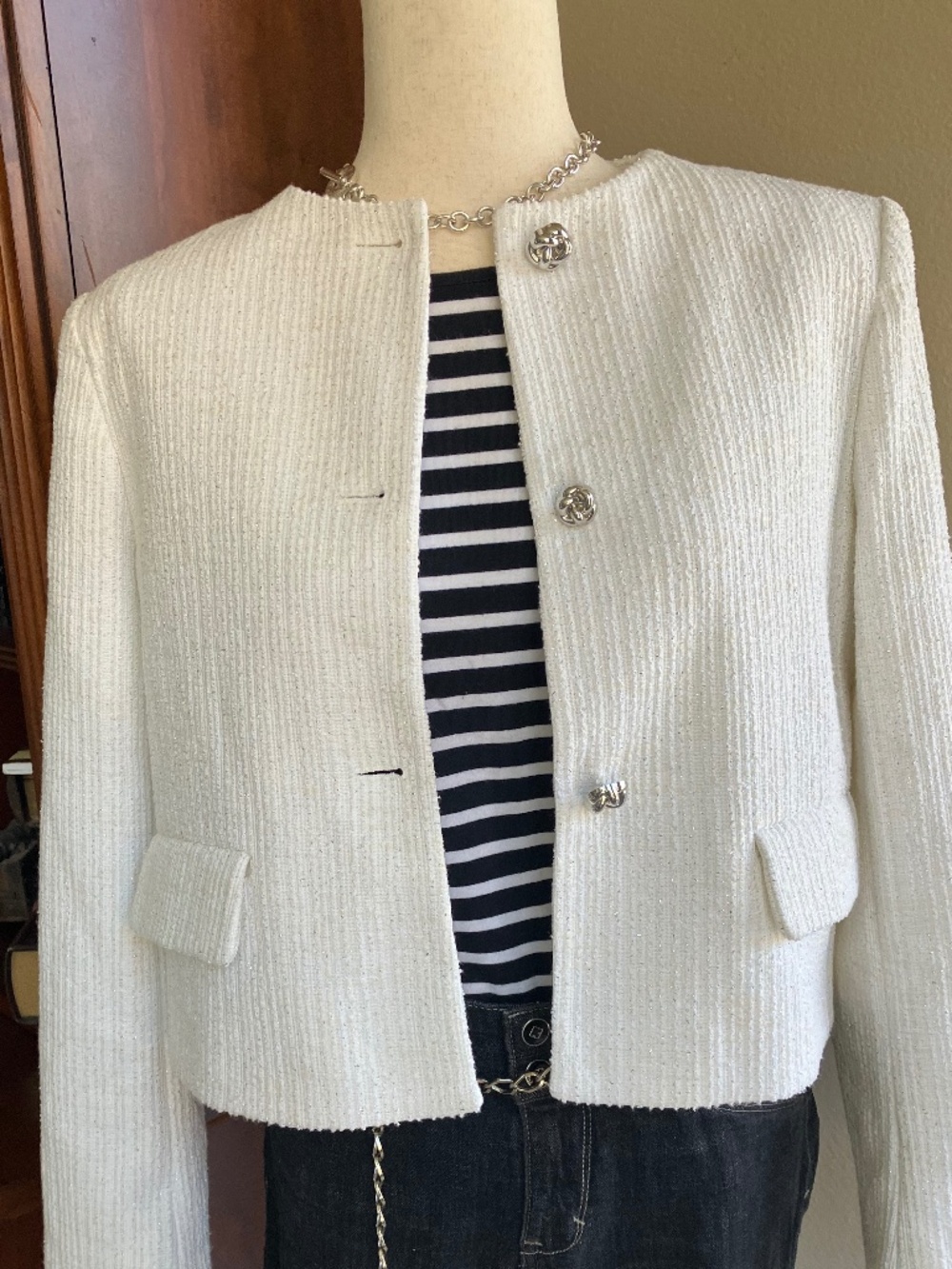Zara Tweed White Cropped Jacket Size M NWT